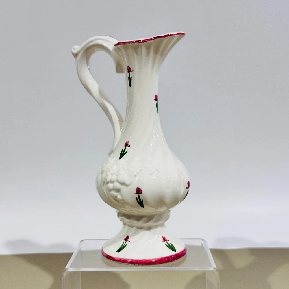 Vintage White Pitcher W Hand Painted Red Flowers Bud Flower Vase Scalloped‎ Rim